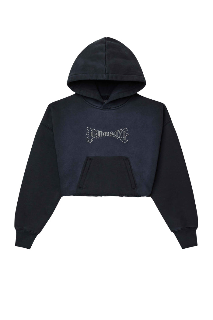 Crystal Cropped Hoodie with raw-edged cropped hem and kangaroo pocket in black color