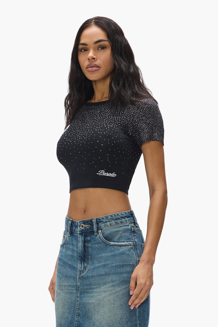 Crystal Fade Baby Tee in slim fit with embroidery and hotfix crystals