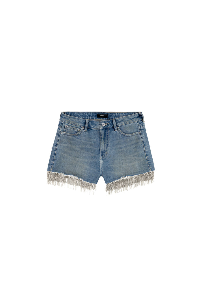 Crystal Fringe Hot Short with mid rise, front zipper fly, and 5 pocket styling.
