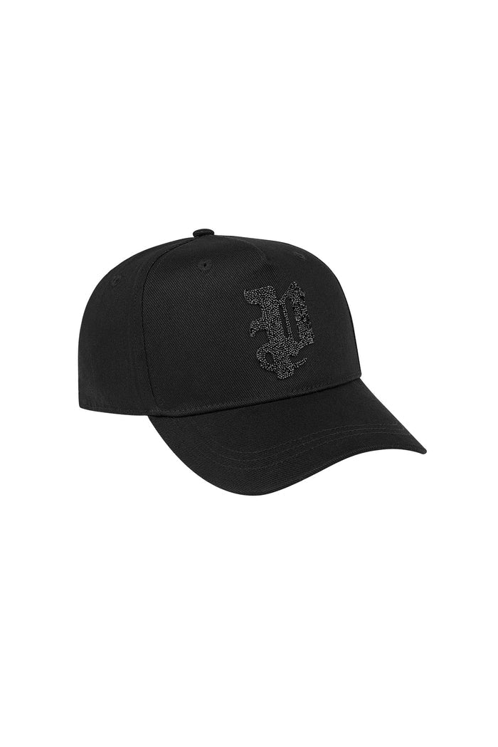 Crystal Gothic P Hat, 100% cotton, 5 panel design with crystal applique logo, OS size.