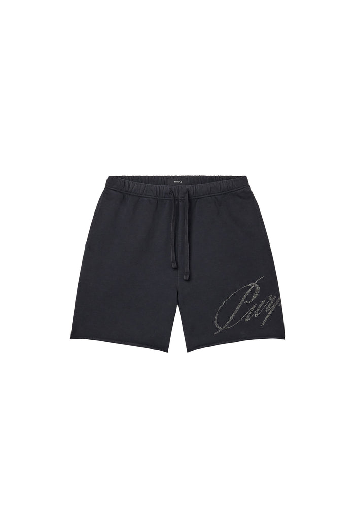 Crystal Slanted Script Short Black with elastic waistband and hand pockets, midweight fleece.