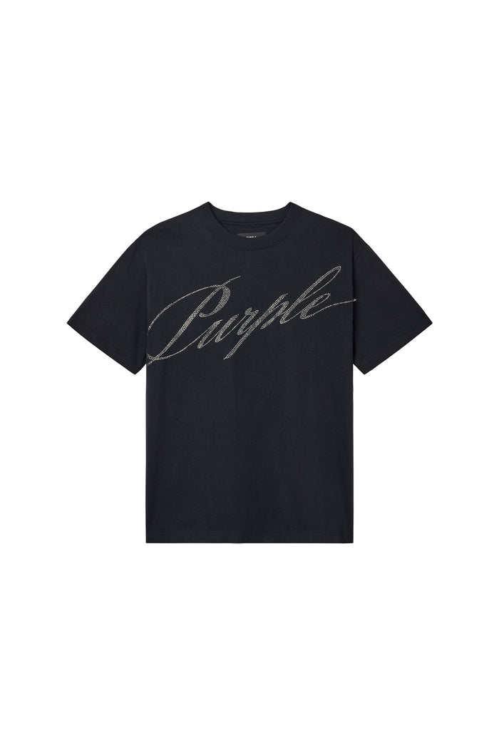 Crystal Slanted Script Tee in black, 100% cotton, heavyweight jersey, regular fit.