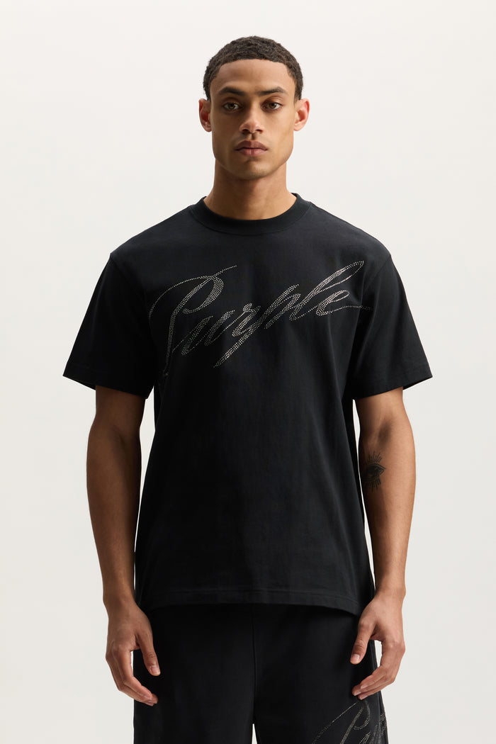 Crystal Slanted Script Tee in heavyweight cotton with hotfix crystal detail, regular fit