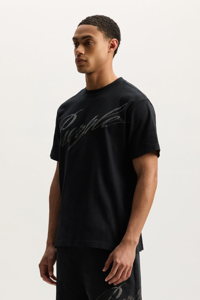 Crystal Slanted Script Tee in white with hotfix crystal detail, regular fit, heavyweight jersey.