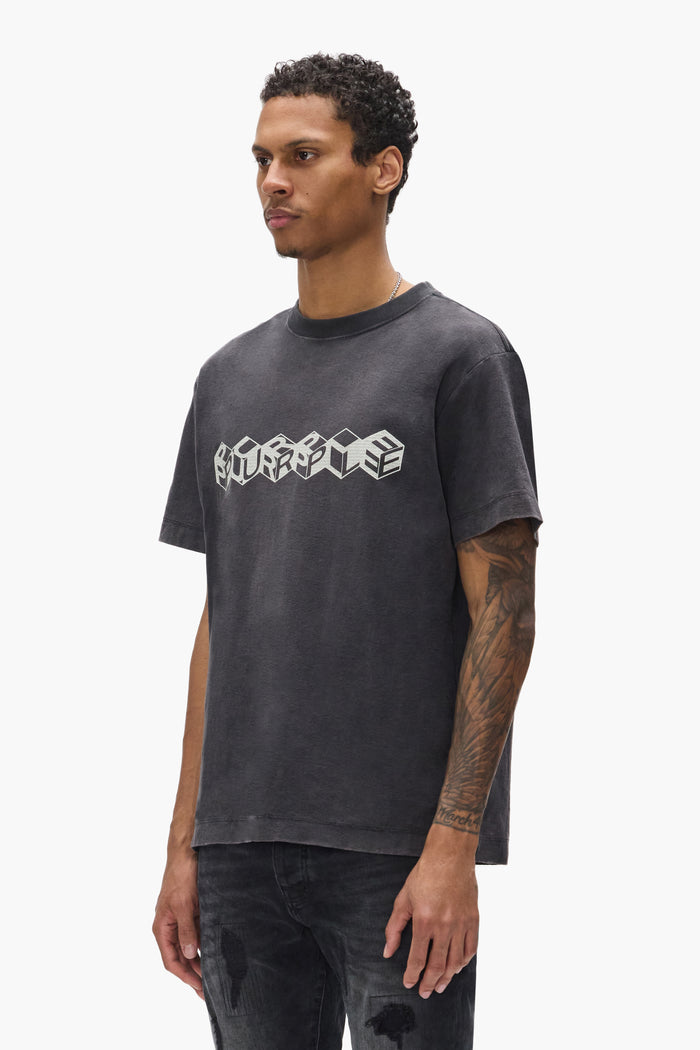 Cube Wordmark Tee in faded wash with textured jersey fabric and screen print design.