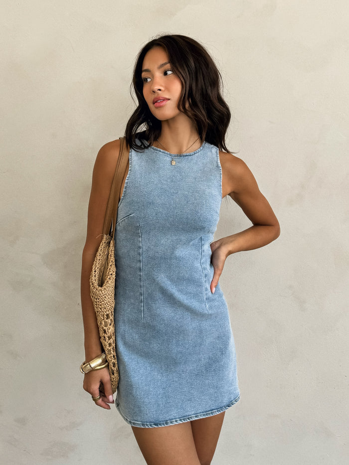 Darcy Mini Dress in Denim - Stitch And Feather