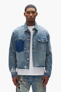 Distressed Cropped Shirt with relaxed fit, button front, shadow chest pocket, and raw cut bottom edge
