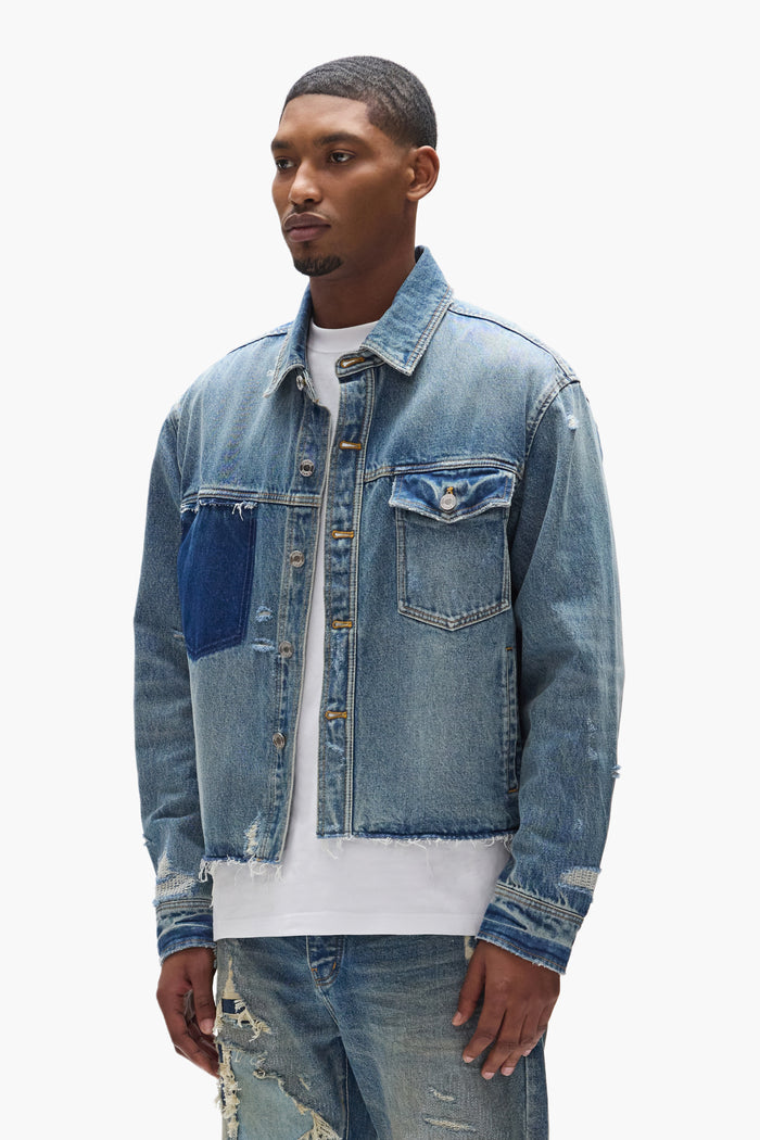 Distressed Cropped Shirt with relaxed fit, button front, and shadow chest pocket.