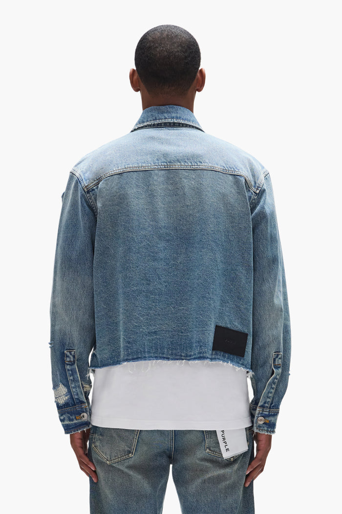 Distressed Cropped Shirt with button front, relaxed fit, and raw cut bottom edge