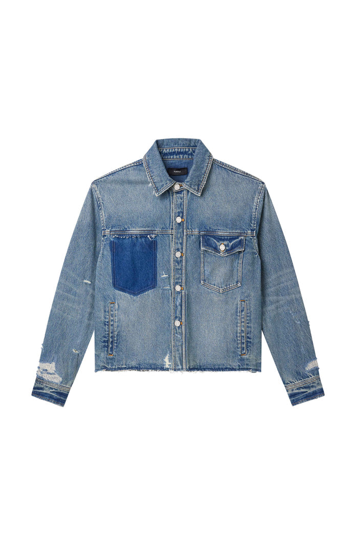 Distressed Cropped Shirt in Light Indigo with relaxed fit and button front design.