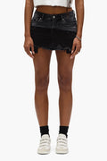 Double Canvas Mini Skirt with front zipper fly and frayed hem, available in various sizes.