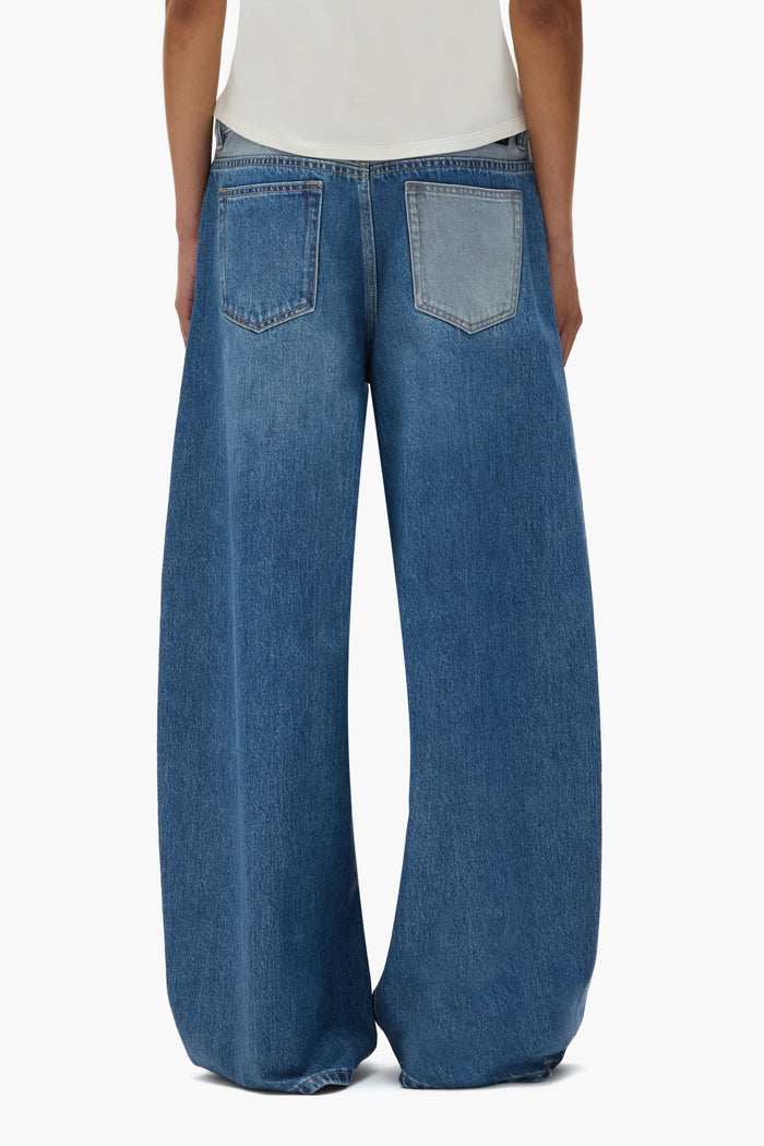 Dual Tone Baggy denim with low rise, 5 pocket style, and reinforced belt loops, sizes 24-34.