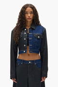Dual Tone Cropped Jacket with front pockets, button closure, and adjustable tabs
