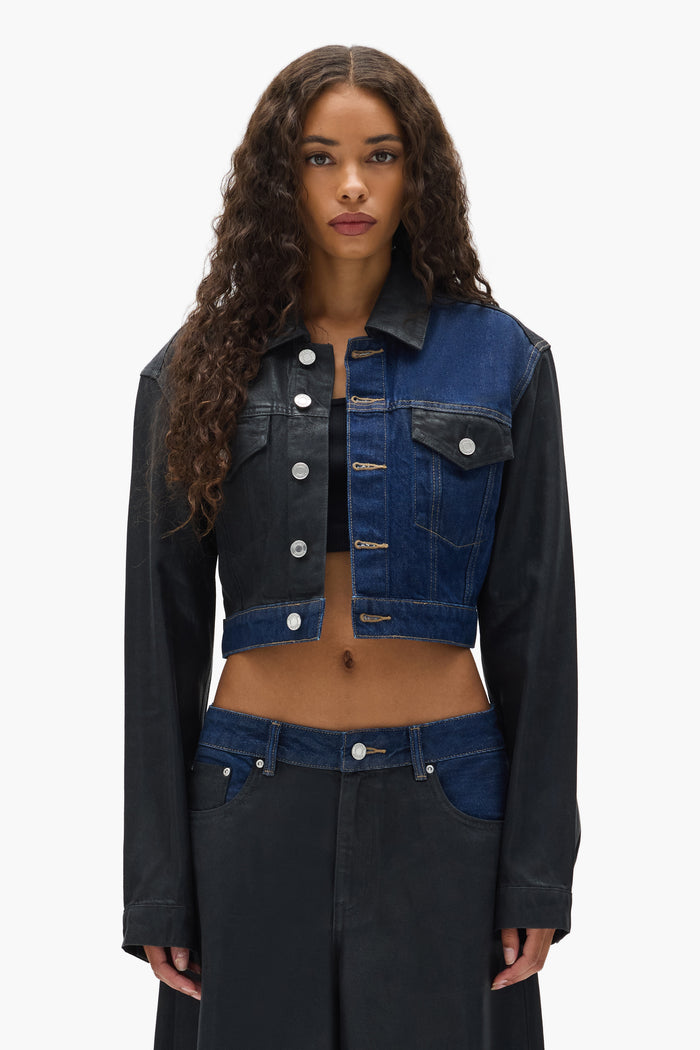 Dual Tone Cropped Jacket with front pockets, button closure, and adjustable tabs