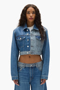 Dual Tone Cropped Jacket with front pockets and button closure in light indigo