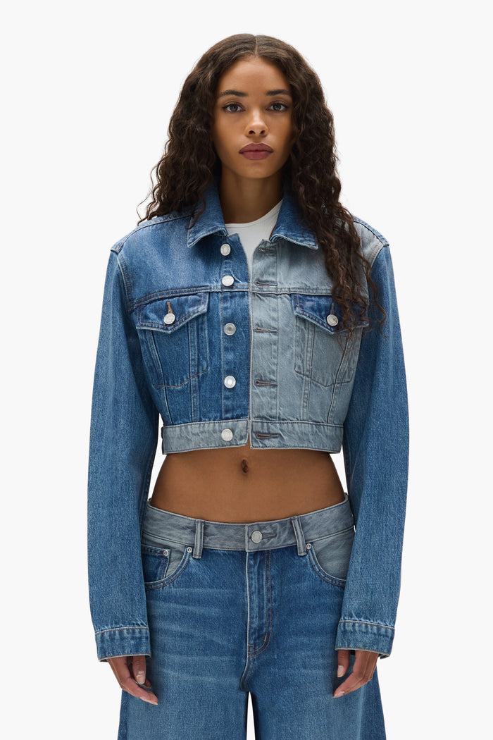 Dual Tone Cropped Jacket with front pockets and button closure in light indigo
