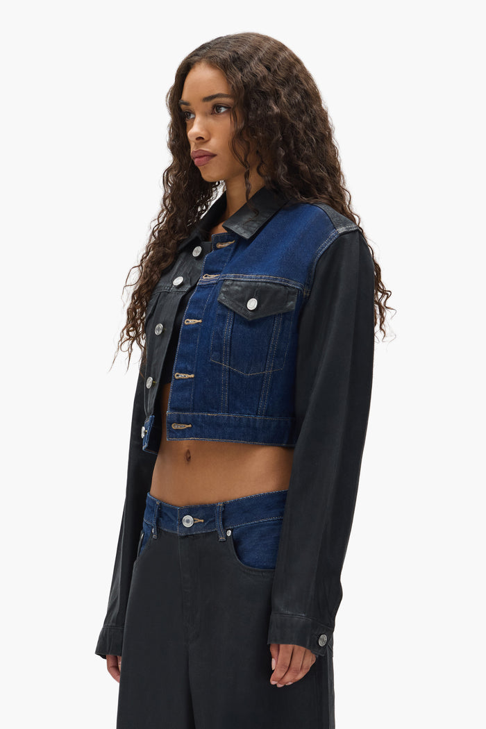 Dual Tone Cropped Jacket with front pockets, button closure, and adjustable back tabs