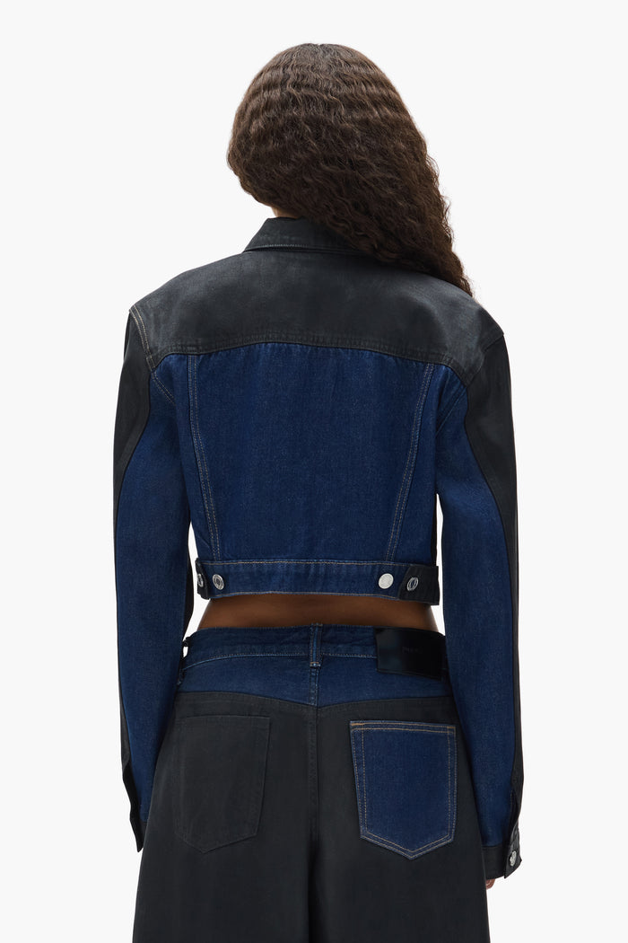 Dual Tone Cropped Jacket with front pockets and button closure, regular fit, available in XXS to XL.