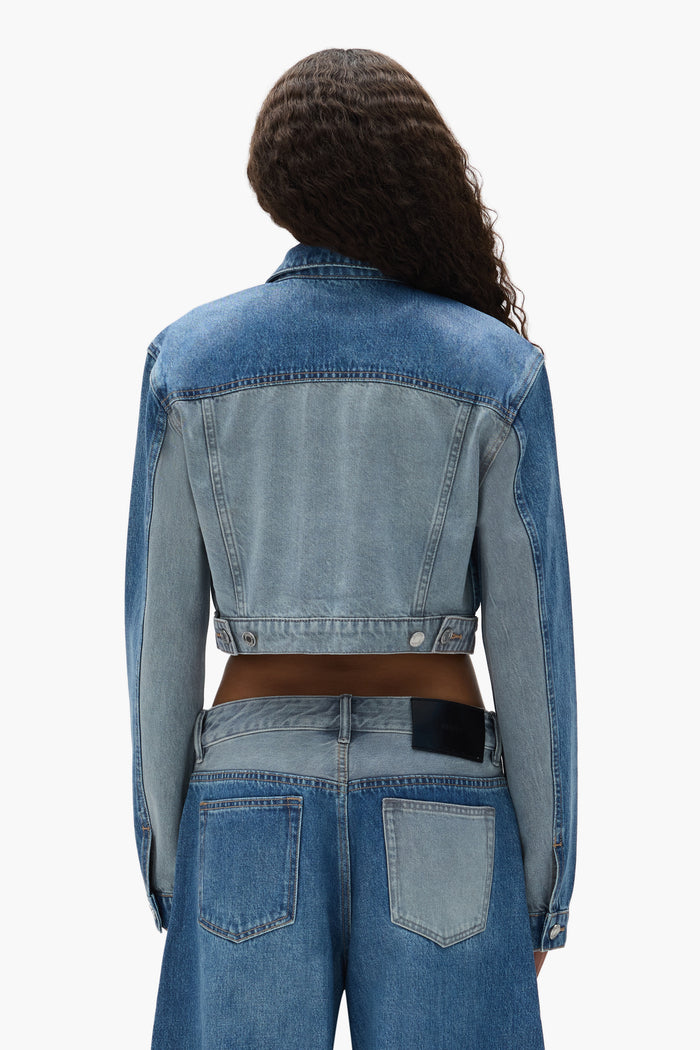 Dual Tone Cropped Jacket with button front closure and front flaps, available in multiple sizes.