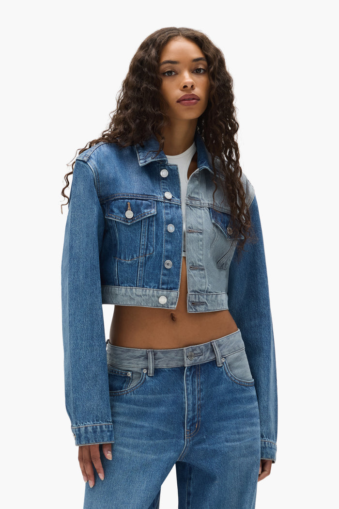 Dual Tone Cropped Jacket with front pockets, button closure, and adjustable back tabs