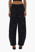 Embellished Barrel Leg denim with sequin embroidery, available in sizes 24-34, Fall Winter 2025.