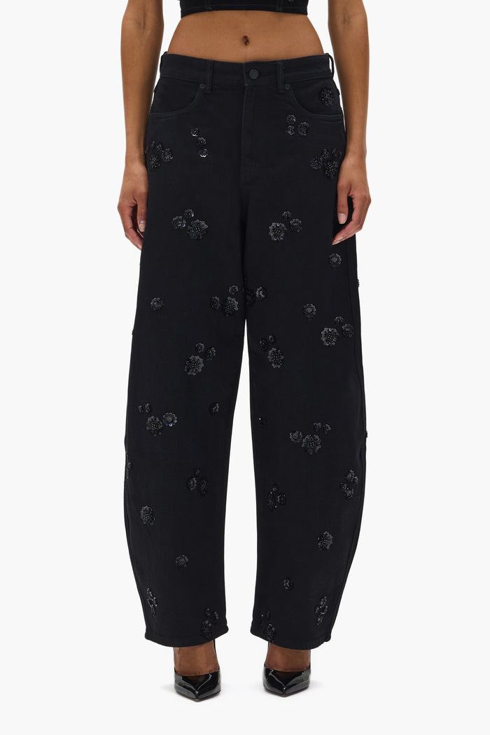 Embellished Barrel Leg denim with sequin embroidery, available in sizes 24-34, Fall Winter 2025.
