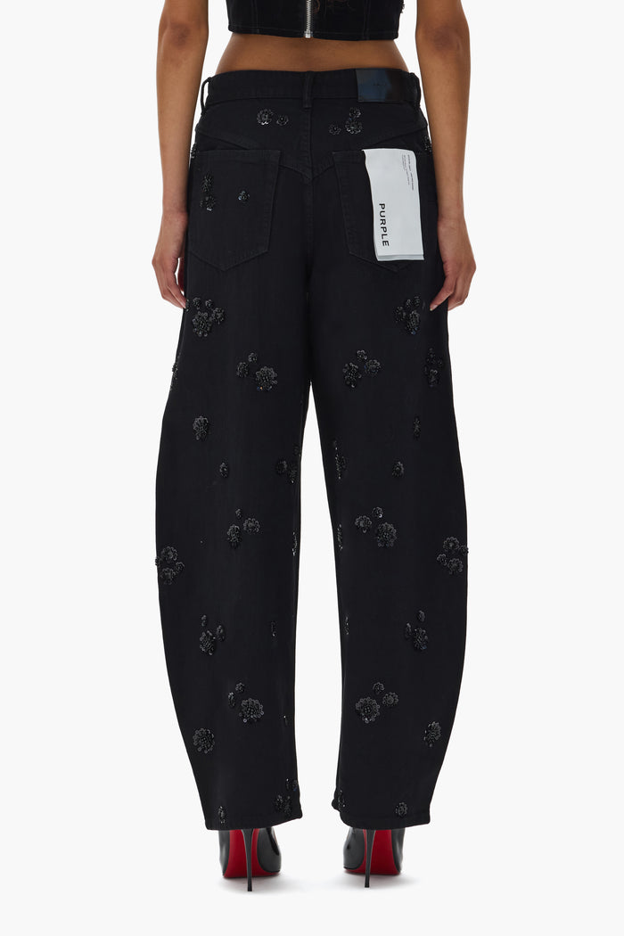 Embellished Barrel Leg Denim with Sequin Embroidery and 33-inch Inseam, size 24-34.