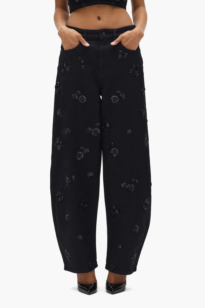 Embellished Barrel Leg denim with sequin embroidery, 33" inseam, and barrel fit.