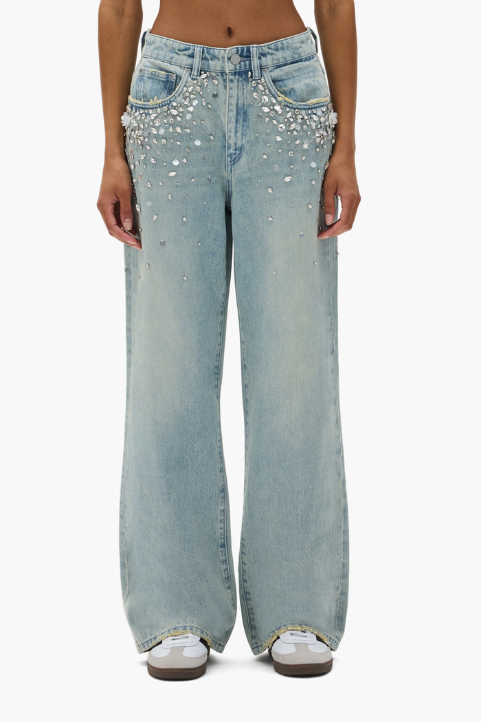 Embellished Wide Leg Denim with rhinestone details, available in sizes 24 to 34.