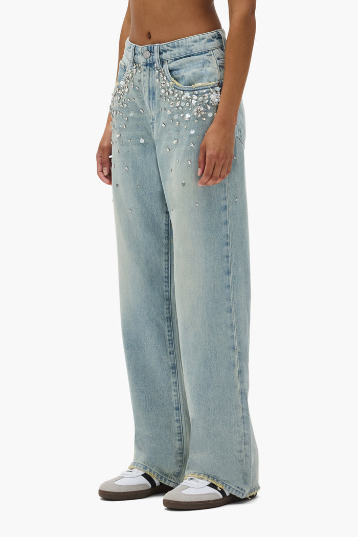 Embellished Wide Leg Denim with rhinestone embellishment, 100% cotton, available in sizes 24-34.