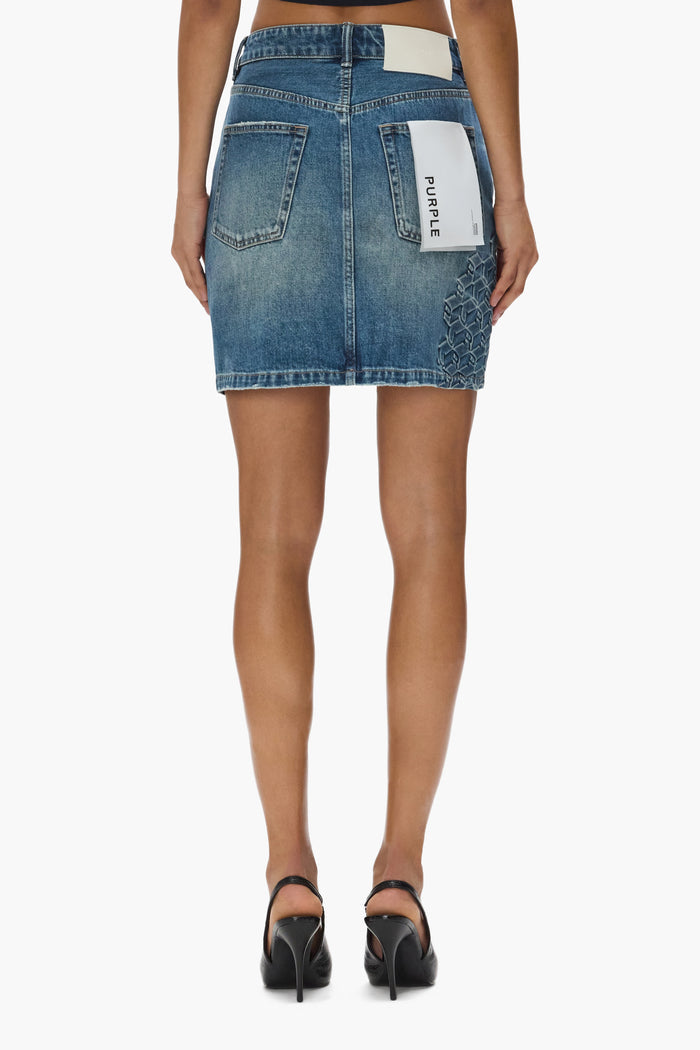 Embossed Monogram Mini Skirt, high rise relaxed fit, 100% cotton, available in sizes 24 to 34.