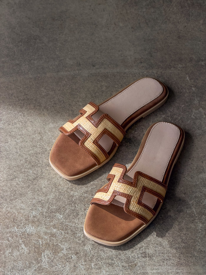 Ena Raffia Slide in Brown - Stitch And Feather