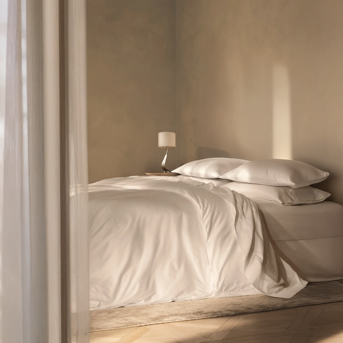 Eucalyptus sheets in neutral white color styled on a bed in a softly lit bedroom