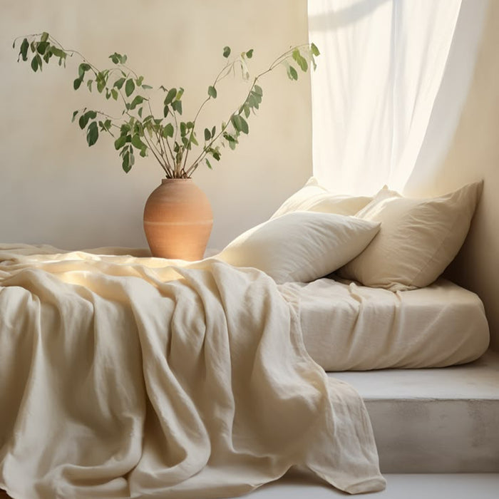 Minimalist bed styled with breathable eucalyptus TENCEL™ sheets by Eucalypso, promoting cool, comfortable sleep and FSA- and HSA-eligible bedding for better rest