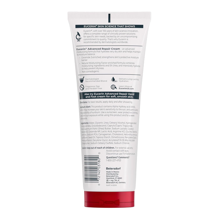 Eucerin Advanced Repair Body Cream for Very Dry Skin, Fragrance Free Daily Body Moisturizer, 8 Oz Tube