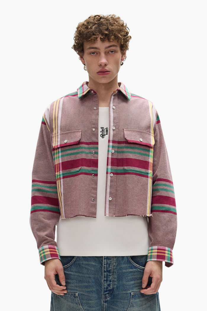 Fade Plaid Shirt with cropped body, relaxed fit, and madras plaid light brushed design.