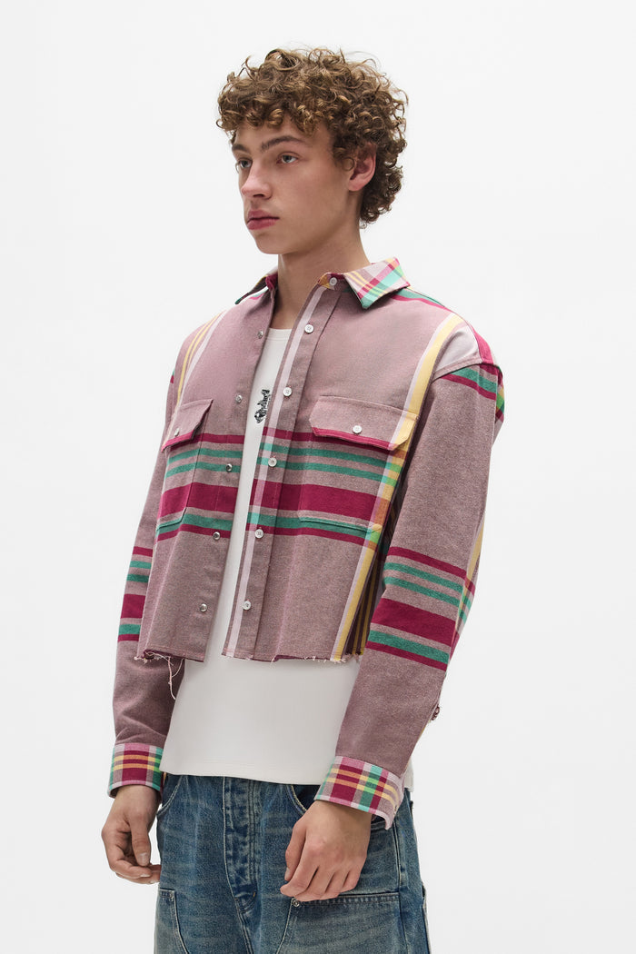Fade Plaid Shirt with relaxed fit, cropped body, and two chest pockets in madras plaid design.