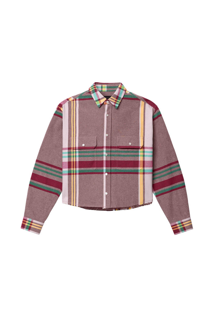 Fade Plaid Shirt with relaxed fit, cropped body, and two chest pockets in madras plaid design.