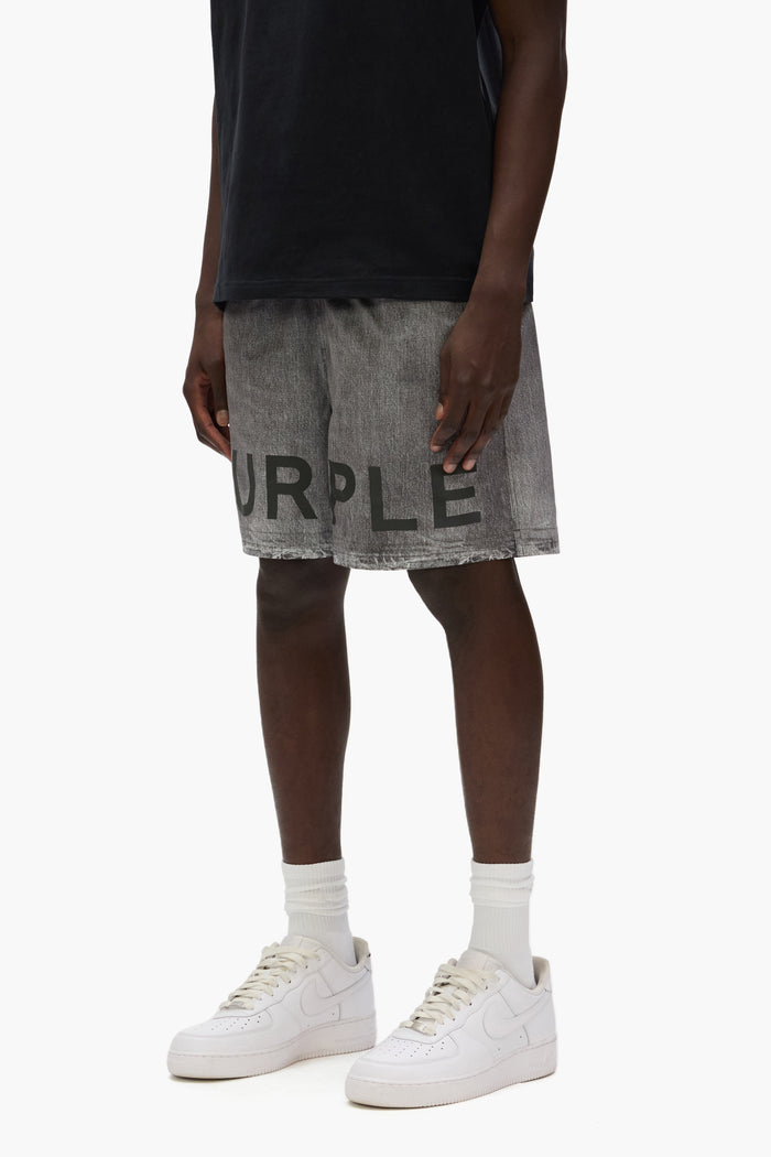 Faux Denim Wordmark All Around Shorts with Purple Brand lettering in grey fabric