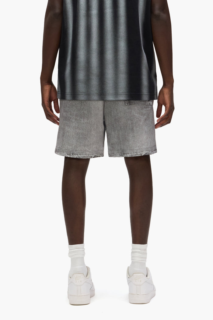 Faux Denim Wordmark All Around Shorts in grey with Purple Brand lettering and elastic waistband