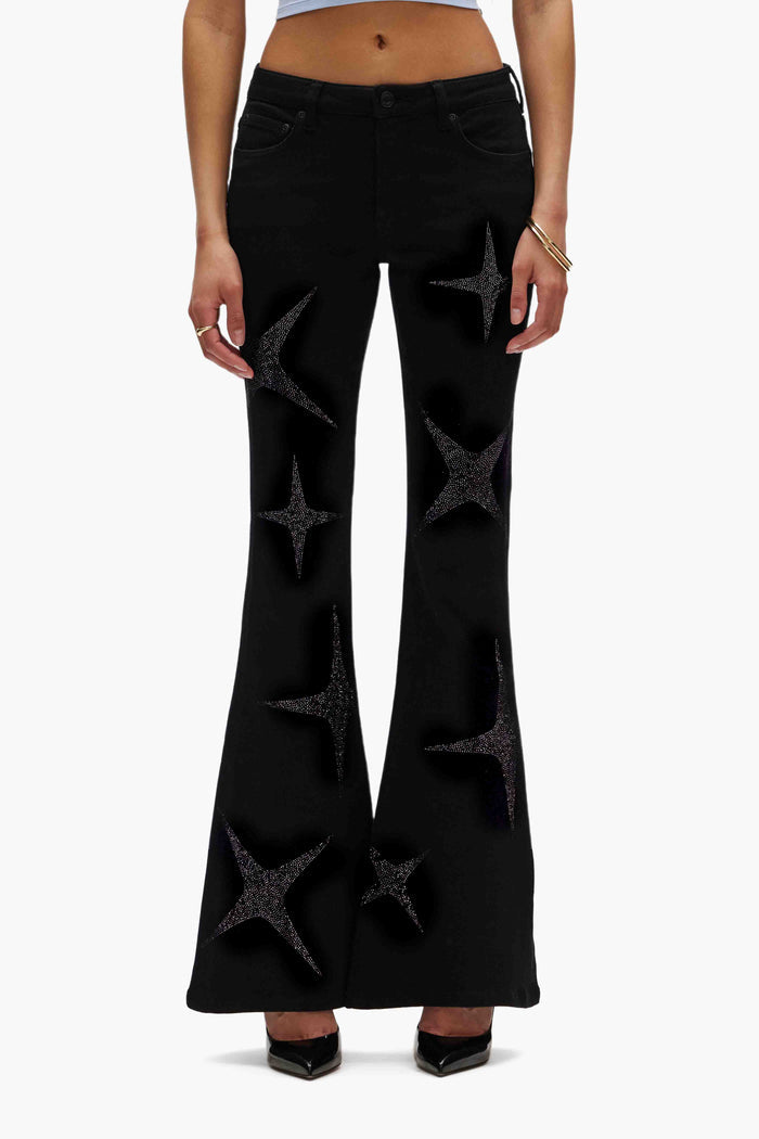 Flare Hotfix Stars black denim high-rise flare with crystal stars detail, sizes 24-34.