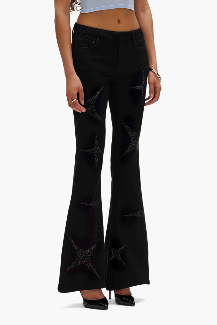 Flare Hotfix Stars high-rise flare black denim with crystal stars, sizes 24-34.