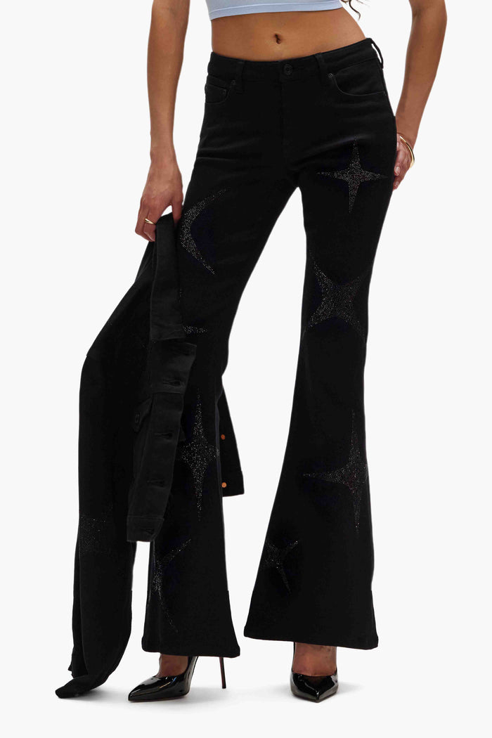 Flare hotfix stars black stretch denim high-rise jeans with crystal stars design.