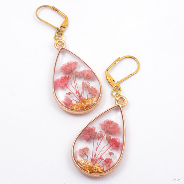 Flower and Fern Teardrop Earrings from Uzu Organics 18g with Pink Flowers