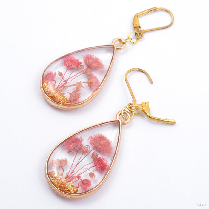 Flower and Fern Teardrop Earrings from Uzu Organics 18g with Pink Flowers open clasp detail photo