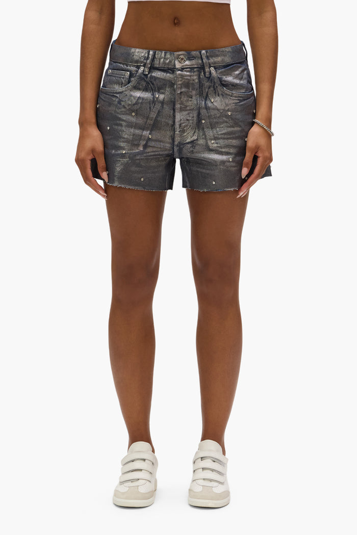 Foil Rhinestone Cut Off Shorts in dark indigo denim with high rise and zipper fly details.