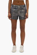 Foil Rhinestone Cut Off Shorts in dark indigo denim with high rise and zipper fly details.