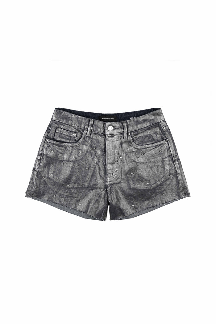 Foil Rhinestone Cut Off Shorts in dark indigo denim with high rise and 5 pocket style.