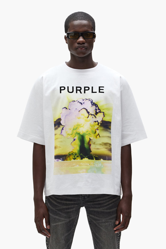 Force Majeure Tee white cotton short sleeve with colorful graphic and Purple Brand lettering