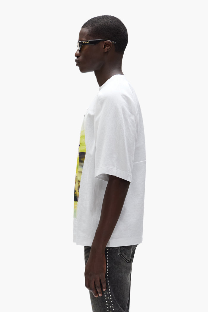 Force Majeure Tee white short sleeved cotton tee with colorful graphic and Purple Brand lettering